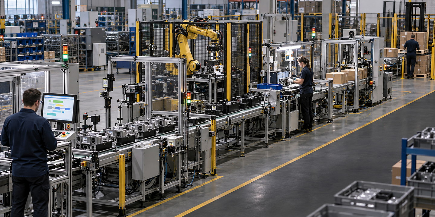 An automated production line where scanners and station controls capture component and product events into a visible traceability interface.